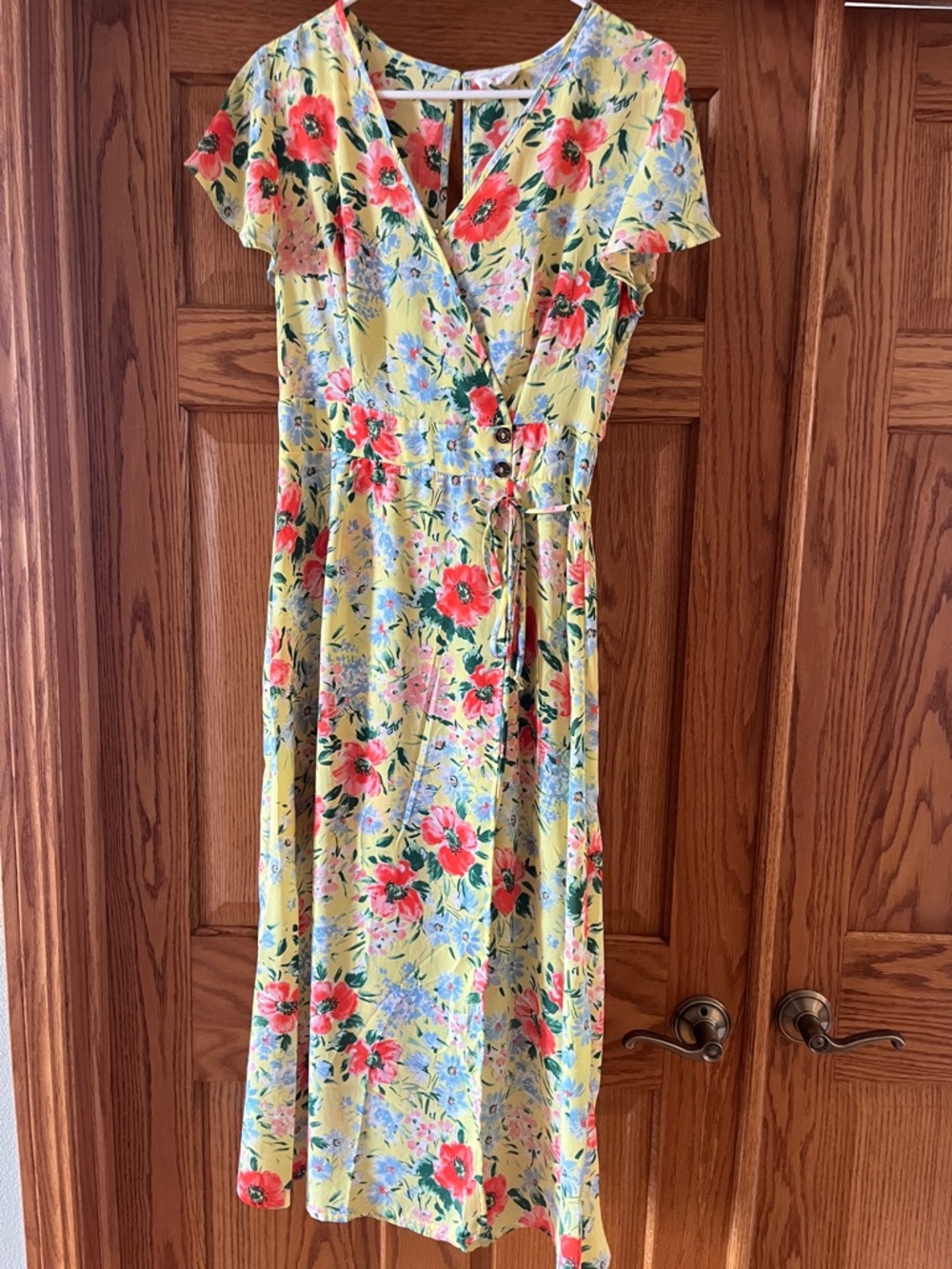 Sienna Sky Yellow Floral Wrap Midi Dress with Red & Blue Blooms